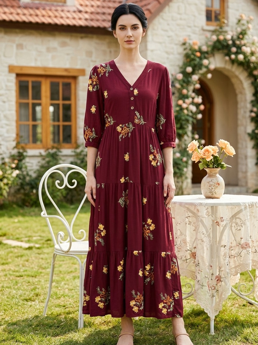 Cactus + Pearl Embroidered Boho Maxi Dress in Burgundy with a Tiered Skirt S EUC